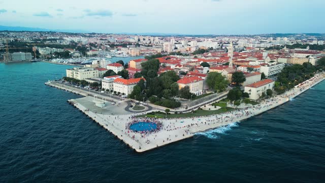 Zadar, Croatia. Aerial view of city center and main landmarks at sunset