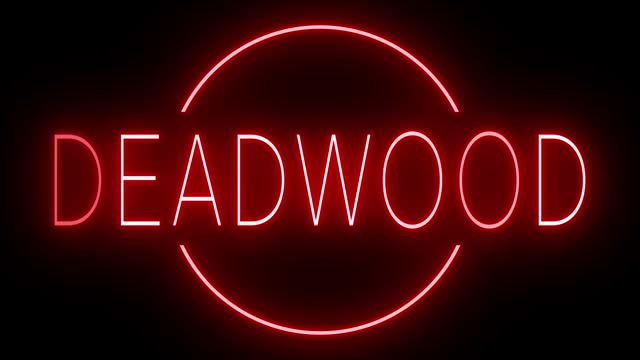 Glowing and blinking red retro neon sign for DEADWOOD