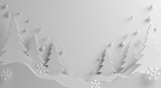 Winter landscape background with snow, spruce trees cartoon style, 3d rendering illustration