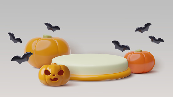 Halloween realistic podium with 3D pumpkins, Jack Lantern and flying black bats. Product background design with cartoon plastic three dimensional elements. for holiday sales and promotions.
