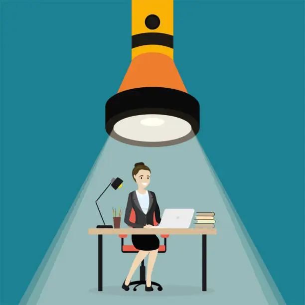 Vector illustration of Worker under supervision. Employee at workplace. Flashlight to lighting and evaluate work his employee. Staff performance assessment, giving review to improve productivity,