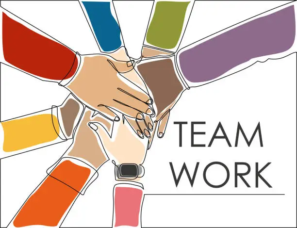 Vector illustration of Continuous one line drawing of Young people putting their hands together. Friends with stack of hands showing unity and teamwork, top view. Can used for logo, emblem, slide show and banner.