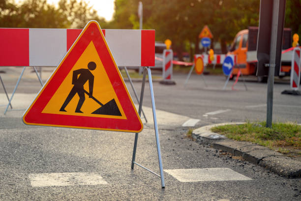 istock Road work traffic sign, highway maintenance construction site 1725591658
