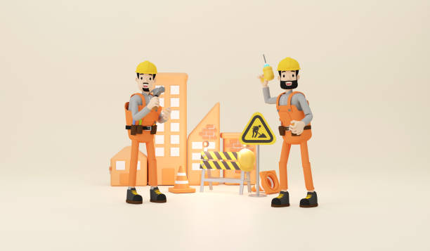 istock Worker cartoon character with under construction and symbol worker hold stop or road sign.3D rendering 1725598528