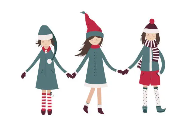 Vector illustration of Cute three cartoon gnome girls holding hands.
