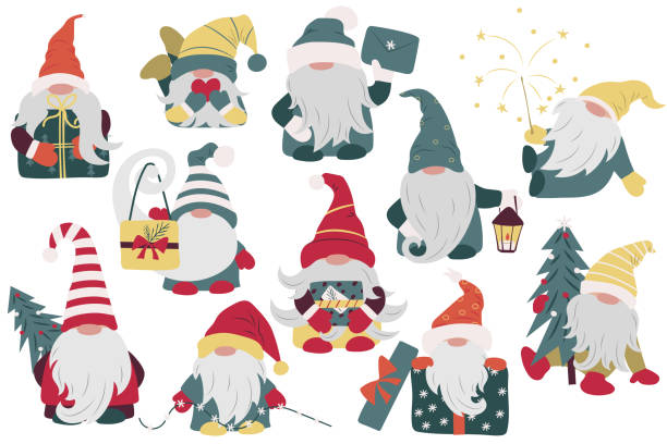 set of cute gnomes in different poses isolated on white. Scandinavian cartoon character. Christmas decoration. Fairy tale dwarf, elf, gifts, christmas tree dwarf pine trees stock illustrations