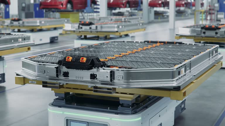 Electric Car Battery Pack loaded on AGV inside Modern Automotive Smart Factory. EV Production Line on Factory. High Performance Electric Car Autonomous Manufacturing Processes