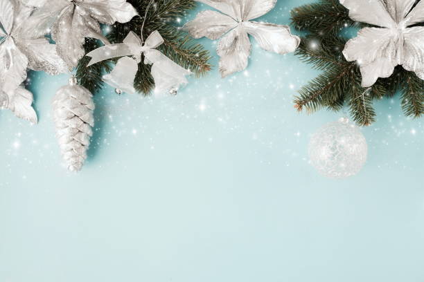 istock Christmas background template with copy space in blue silver  colors.Beautiful Xmas greeting card.New Year vintage decor frame mockup . 1725625394