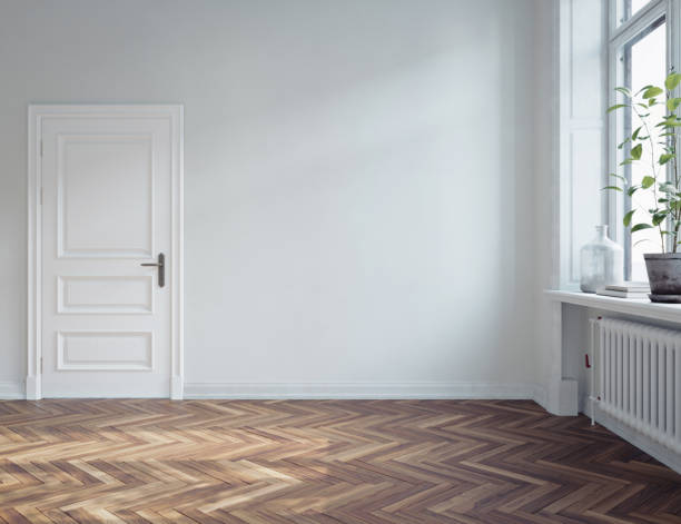 istock Empty living room interior design with windows, white walls and hardwood flooring, 3d rendering 1725632069