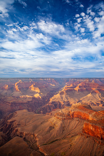 A beautiful view of the Grand Canyon National Park in summer. Red rock and blue sky.