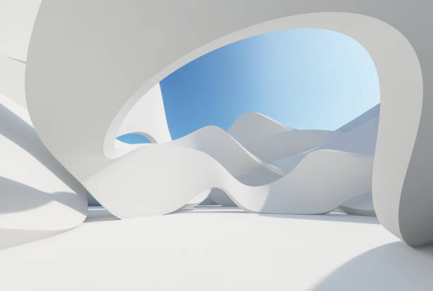 istock Abstract white twisted wall, Minimal style, architecture with blue sky background, 3d render 1725637739