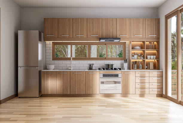 istock Modern contemporary empty dining room with wooden kitchen counter background 3d render 1725637745