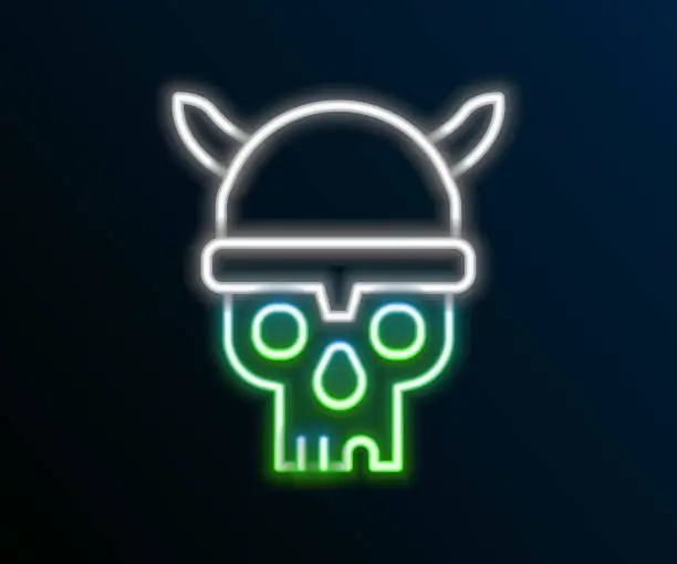 Vector illustration of Glowing neon line Skull with viking helmet icon isolated on black background. Happy Halloween party. Colorful outline concept. Vector