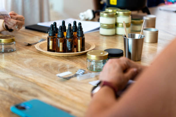 istock Soy candle workshop. Jars of candle essences. 1725644553