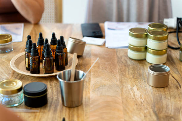 istock Soy candle workshop. Jars of candle essences. 1725644554