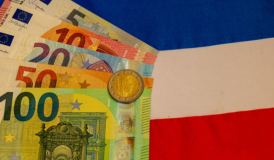 Euro banknotes and coins and the national flag of Luxembourg as the background