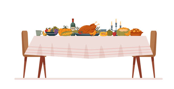 ilustraciones, imágenes clip art, dibujos animados e iconos de stock de mesa de acción de gracias4 - thanksgiving dinner party turkey feast day