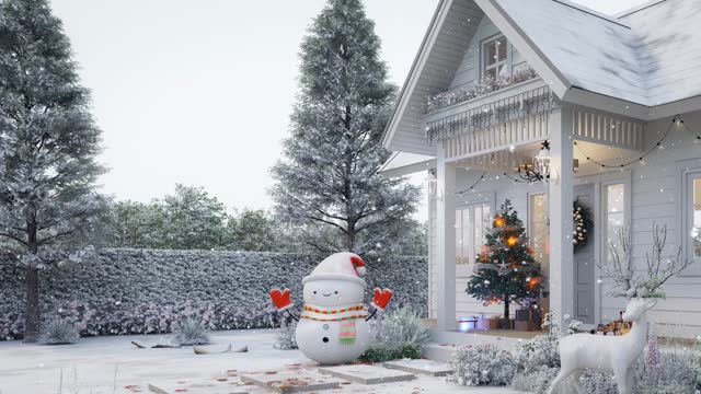 Animation of front of tiny house entrance porch in winter with Christmas and New Year concept 3d render