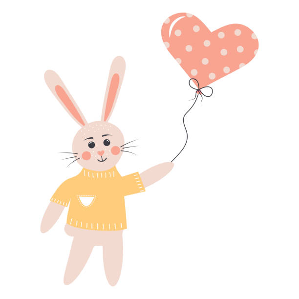 ilustraciones, imágenes clip art, dibujos animados e iconos de stock de lindo conejo con globo de corazón. conejito de pascua. personaje del bosque de dibujos animados. - rabbit baby rabbit hare standing