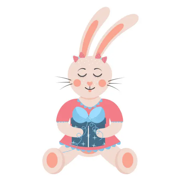Vector illustration of Cute rabbit holding a gift box. Bunny girl sitting in a dress. Cartoon forest character.