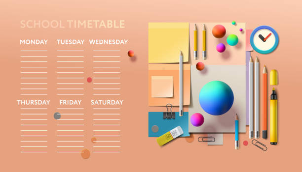 School Timetable. Weekly planner, back to school template. Kids schedule design template with school supplies, vector illustration vector art illustration