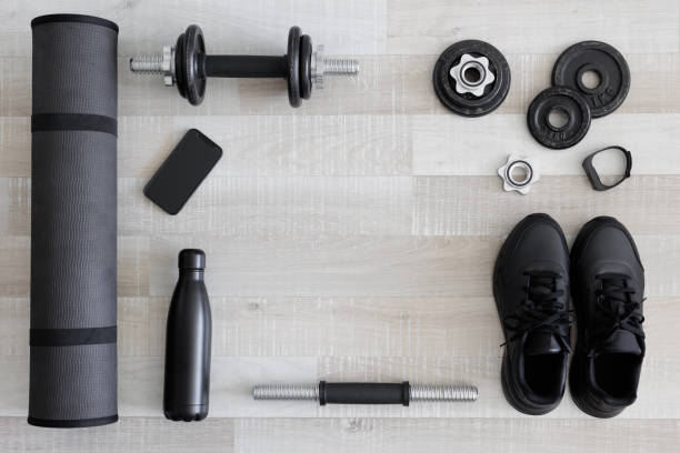 istock Top view of black workout equipment for training with copy space 1725679969