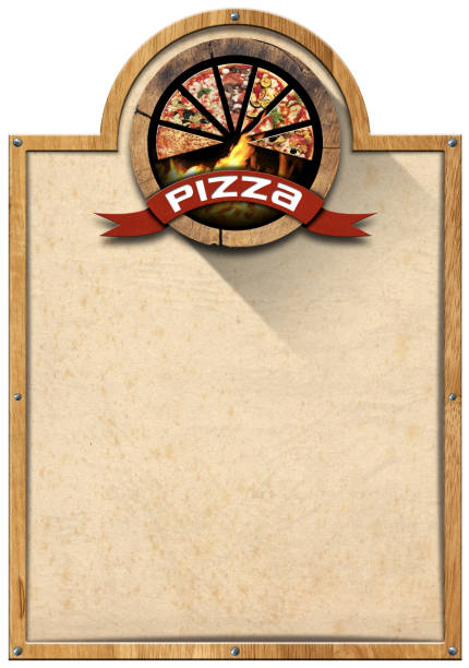Template for a Pizza Menu. Wooden frame and wooden symbol with slices of pizza, flames and red ribbon with text pizza, empty parchment, isolated on white background and copy space.