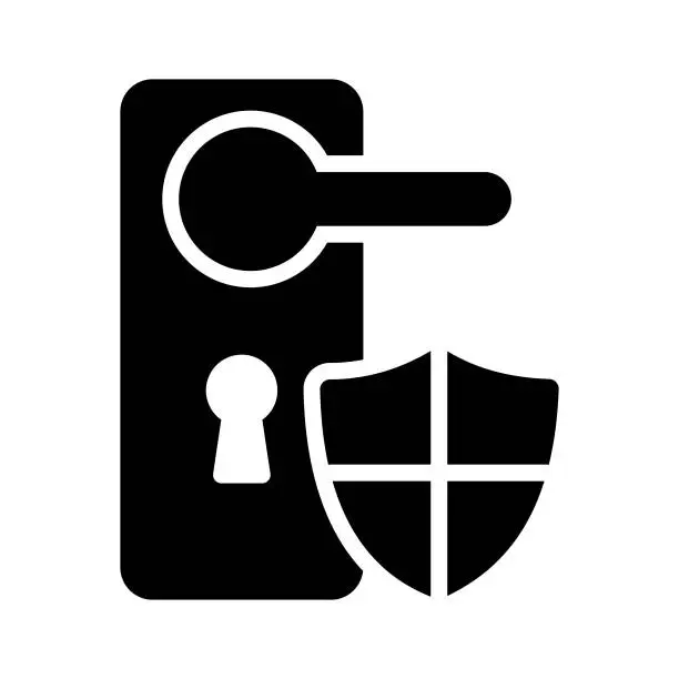 Vector illustration of Door handle icon with shield. Locked door security icon