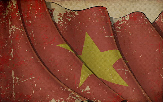 Background illustration of an old paper with a print of a waving Flag of Vietnam