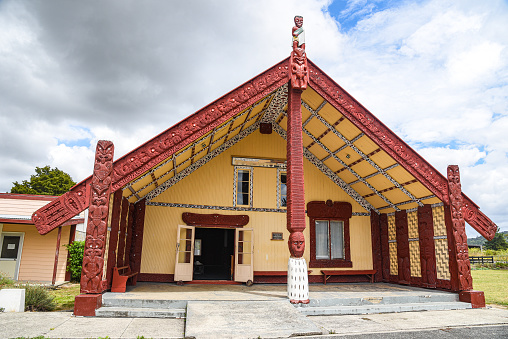 A wharenui is a communal house of the Māori people Māori Carving, Waitangi, Runanga, New Zealand