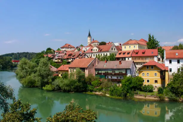Colorful Old Town in Novo Mesto ( Rudolfswerth, Newestat), Slovenia, Lower Carniola Region, near Croatia at Bend of River Krka.