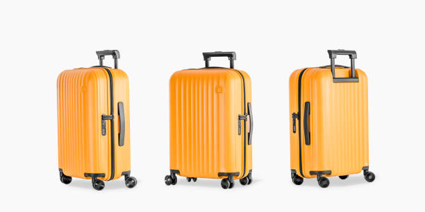 istock Set of stylish plastic suitcase for travel with wheels and retractable handle front and side view on white background. 1725720110