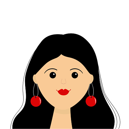 Portrait of woman. Young girl teen face. Beautiful lady, female. Brunette hairstyle. Black long hair. Red earrings. Avatar for social networks. Red lipstick makeup. Flat design White background Vector