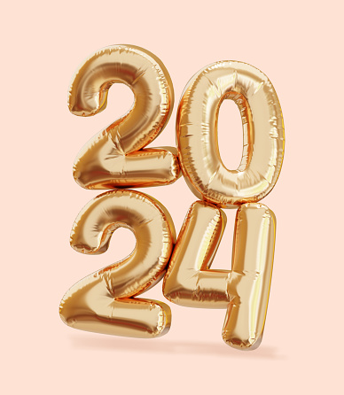2024 gold numbers 3D rendering. Happy new year banner design.