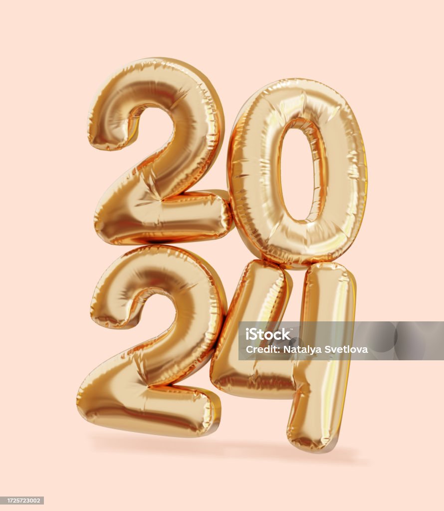 2024 happy new year symbol. Gold balloons 3d render illustration. Happy New Year Greeting Card. New Year symbol. 2024 gold numbers 3D rendering. Happy new year banner design. 2024 Stock Photo