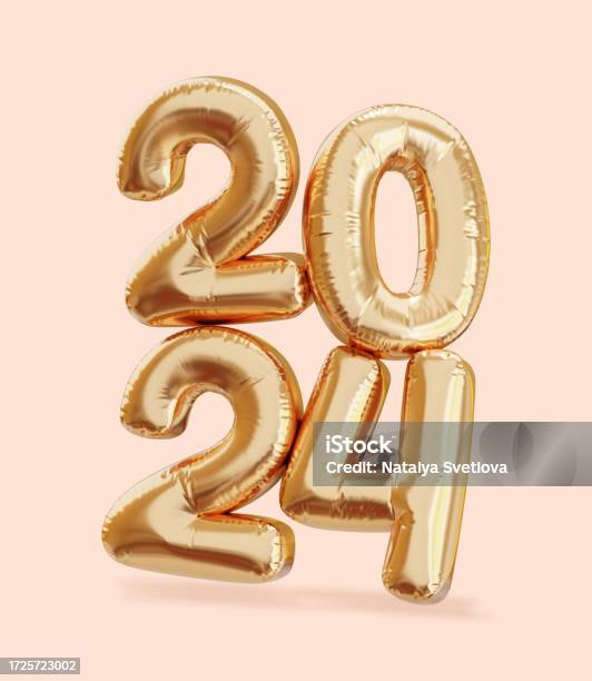 2024 Happy New Year Symbol Gold Balloons 3d Render Illustration Happy New Year Greeting Card New Year Symbol Stock Photo - Download Image Now