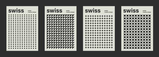 Swiss pattern poster design vector templates. Abstract retro geometric brutalist flyers, magazine covers, banners Swiss poster design vector templates. Abstract retro geometric pattern flyers, magazine covers, banners, wall art geometry stock illustrations