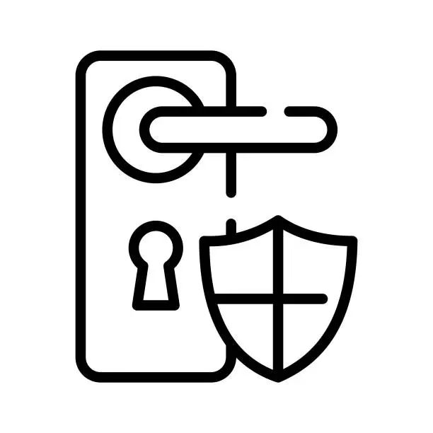 Vector illustration of Door handle icon with shield. Locked door security icon