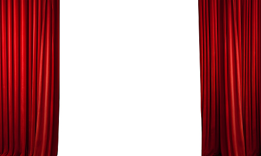 close up red stage curtain opening over wooden floor stage
