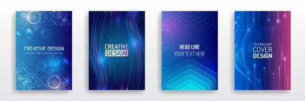 Vector illustration of Futuristic business posters. Technology covers corporate documents. Layout template science designs. Brochure, flyer, book, annual report. Blue hi-tech vector illustrations for business presentations.