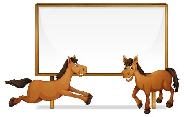Vector illustration of Smiling Horses Running in Front of Wooden Frame