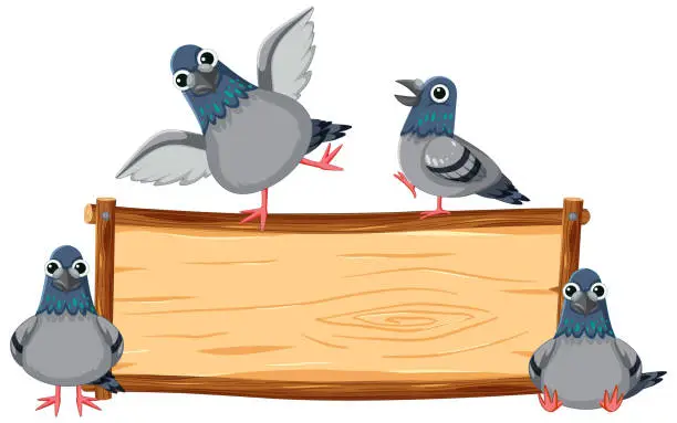 Vector illustration of Pigeons Standing Around Wooden Sign Banner