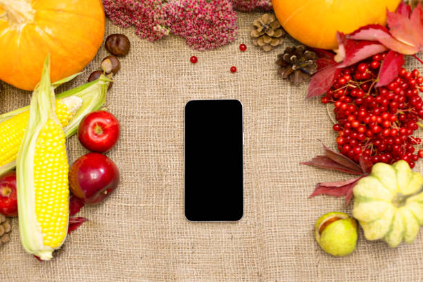 istock Phone on a light background with autumn vegetables, berries and fruits. 1725739931