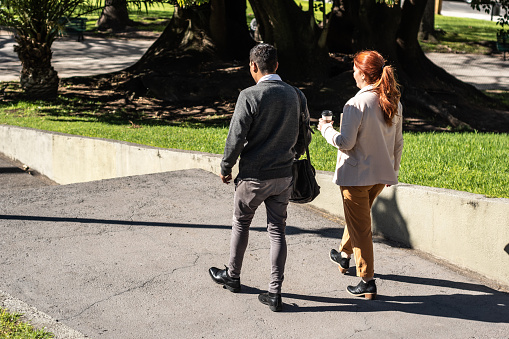 Rear view of a coworkers talking and walking through the public park