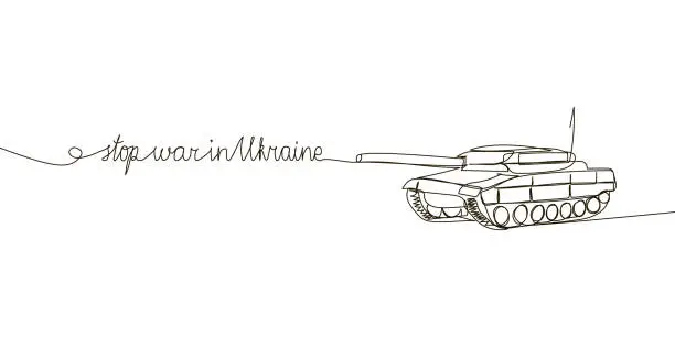 Vector illustration of Stop war in Ukraine continuous line drawing. One line art of english hand written lettering with wishes of peace, and military, tank, armored personnel carrier, infantry fighting vehicle.