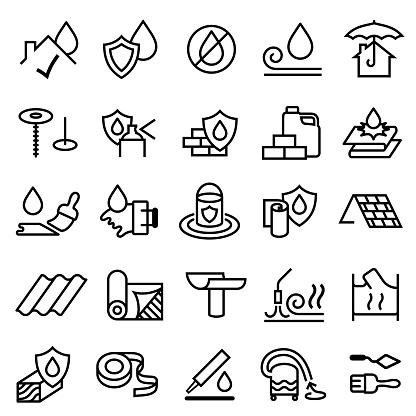 Single color isolated roofing and weatherproofing outline icons