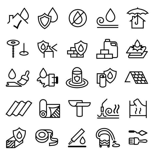 Roofing, Weatherproofing and Waterproofing Products Icons Single color isolated roofing and weatherproofing outline icons corrugated roofing stock illustrations