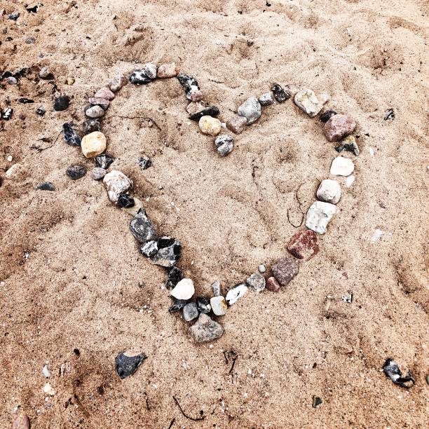 Textured and abstract backgrounds. Sea, beach sand background with heart shaped seashells. full frame, natural. North Sea.