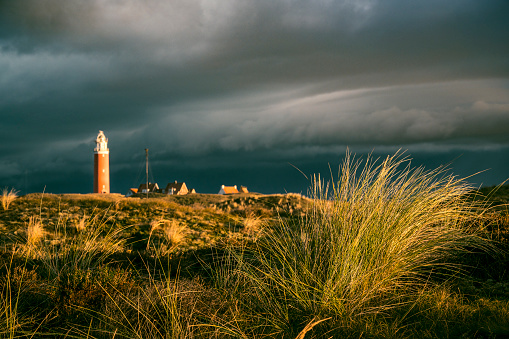 Lighthouse at the Wadden island Texel in the dunes during a stormy autumn morning. The Eierland lighthouse is located at the North point of the island.