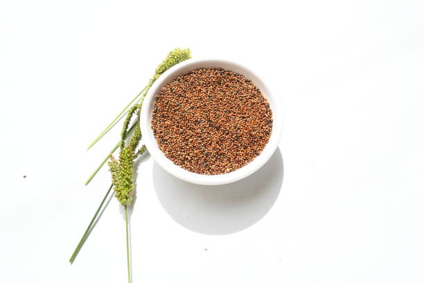Millet piled with a bamboo spoon of millet and a cup of millet
